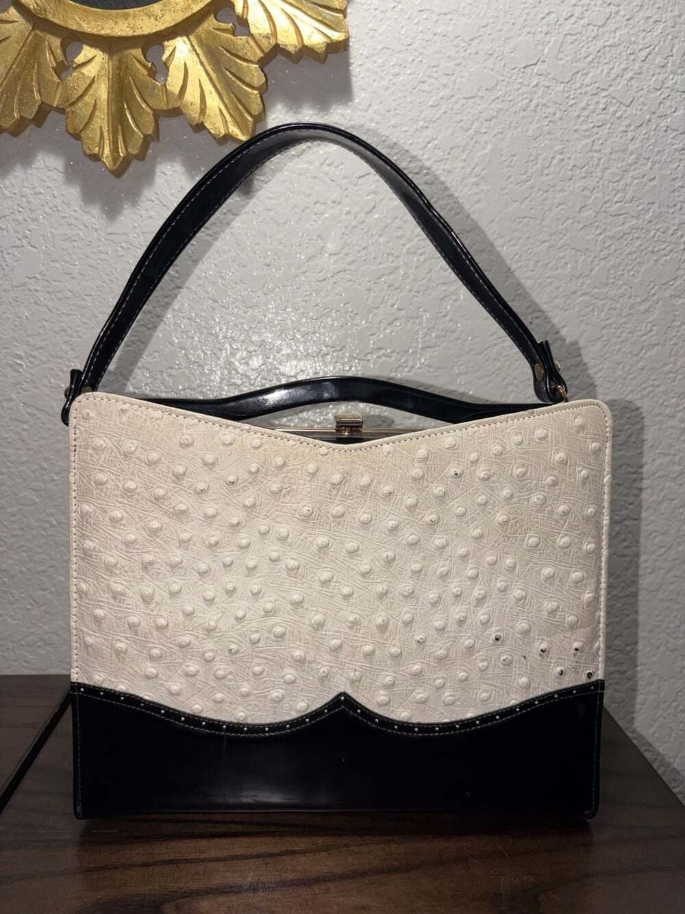 Vintage Life Stride Handbag Black and White Faux Ostrich Top Handle Bag